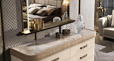 Комод 6 ящ стеклянная столешница с эффектом мрамора на золотых ножках DIAMOND MobilPiu Luxury